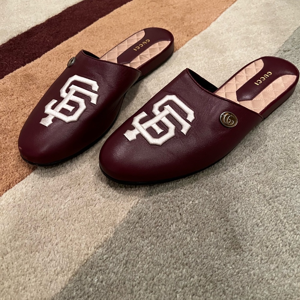 Gucci Maroon Leather Mules with Embroidered Logo - San Francisco Giants MLB